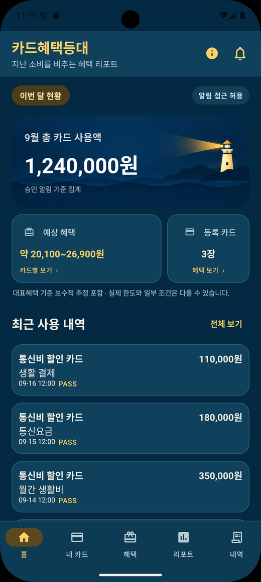 총 카드 사용액 화면